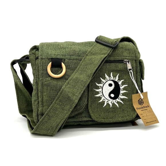 Puzzlestack Handbags - Messenger Bag Sustainable Eco bag Handmade Gift Yin Yang Embroidery